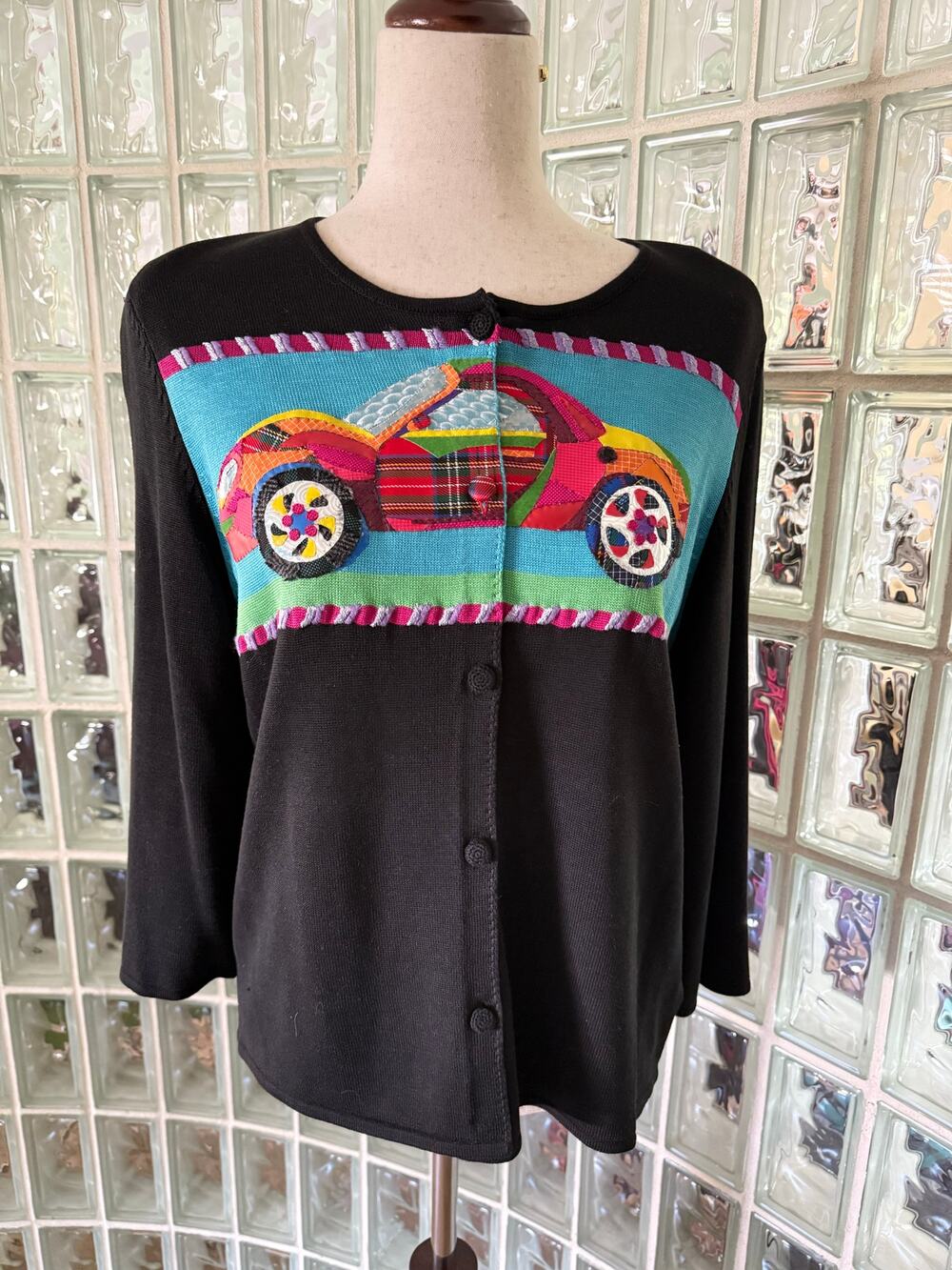 Michael Simon Vintage Cars Beaded Spun Silk Blend Sweater - size large